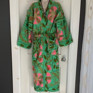 NEW! Embroidered Indian Robe Green and Pink Floral